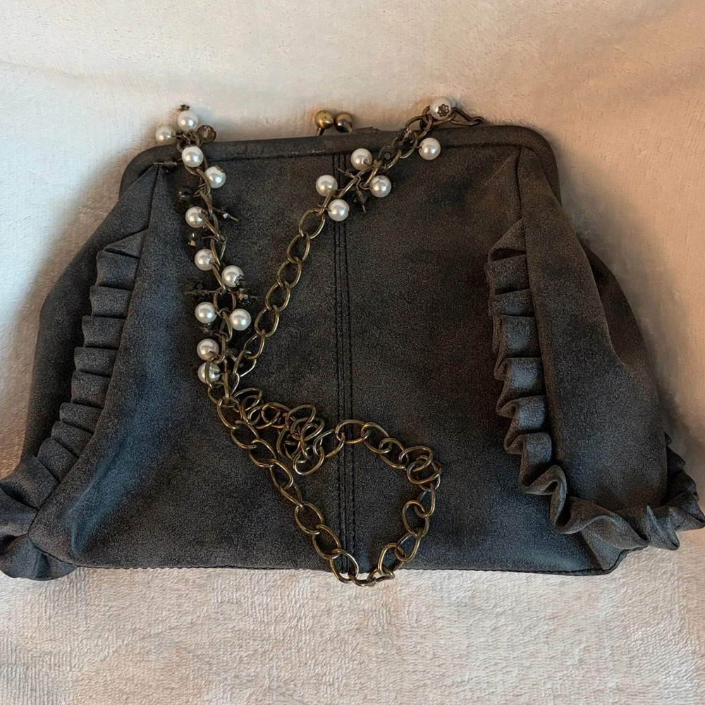 3 for 25! Liz Soto Elegant‎ Dark Grey Ruffled Women's Boho Bag with Clasp